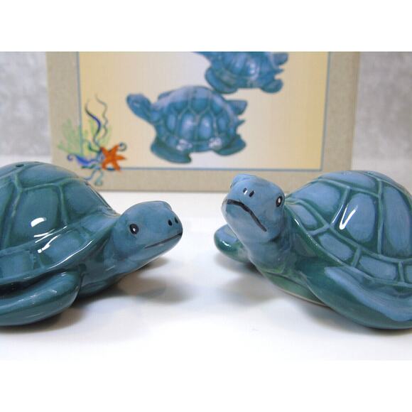 Sea Turtle Salt & Pepper Shakers 4" Ceramic Figurines Nautical Ocean Decor Box - Picture 4 of 9